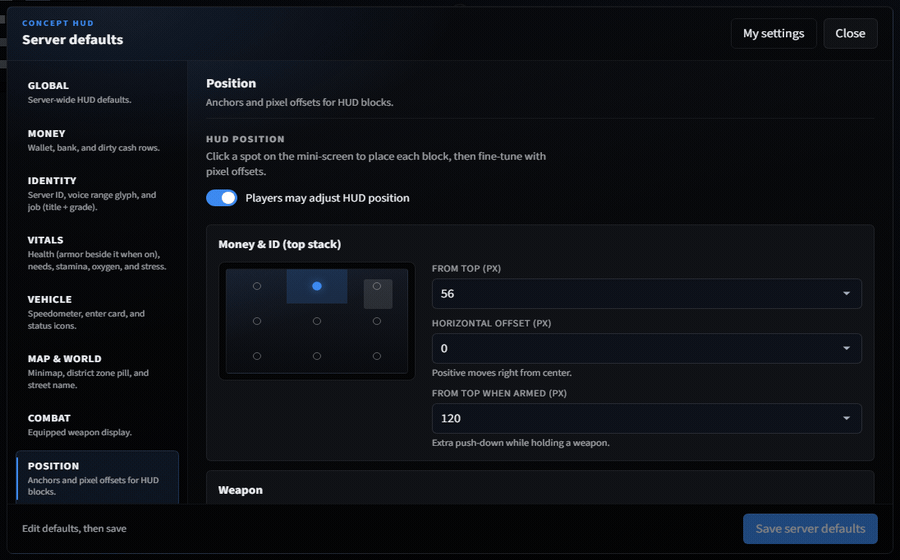 Admin settings: server defaults editor