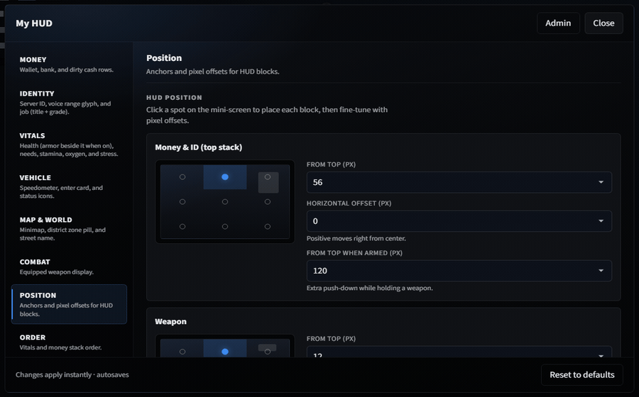 Player settings: sections and HUD position